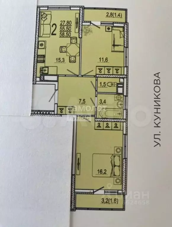 2-к кв. Краснодарский край, Новороссийск ул. Куникова, 47А (62.0 м) - Фото 2
