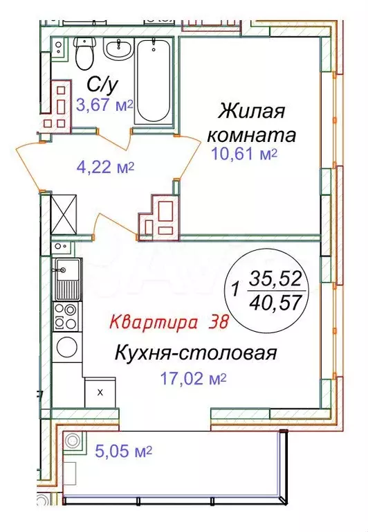 1-к. квартира, 40,6 м, 5/5 эт. - Фото 1