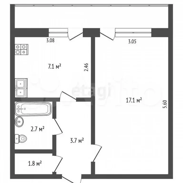 1-к. квартира, 34,7 м, 5/5 эт. - Фото 0