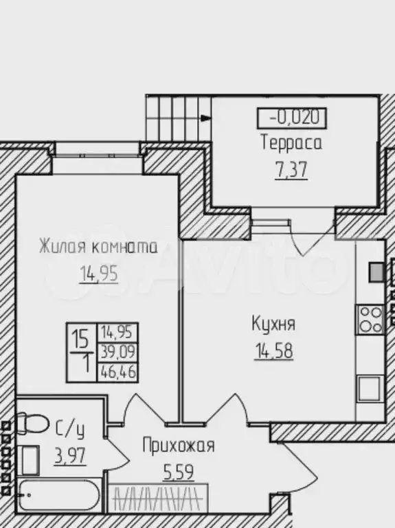 1-к. квартира, 46,5 м, 1/3 эт. - Фото 1