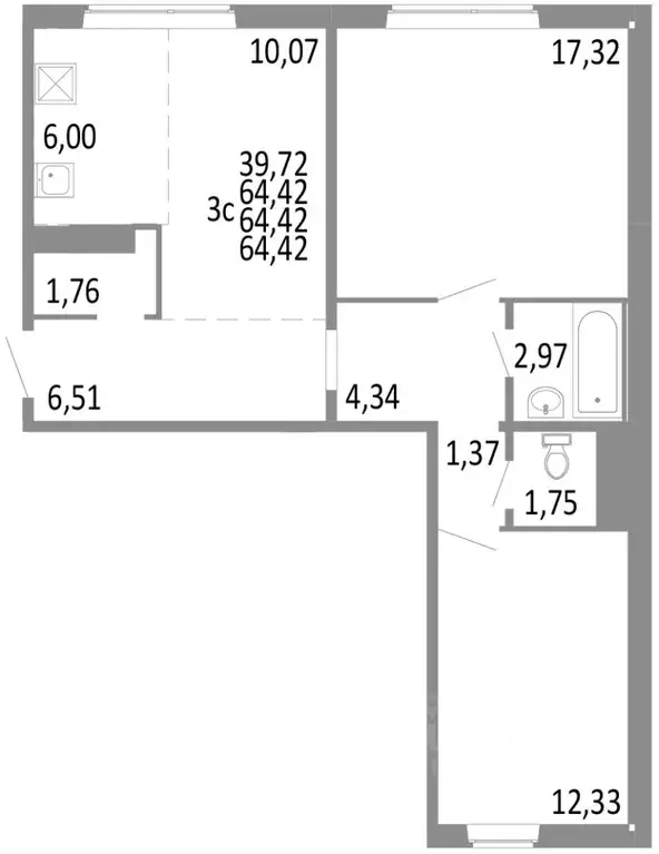 3-к кв. Челябинская область, Челябинск ул. Блюхера, 125Б (64.42 м) - Фото 0