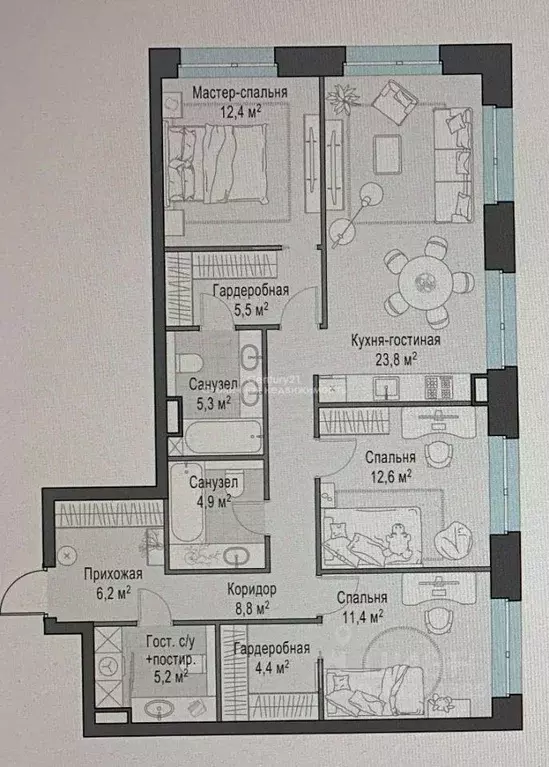 Квартира, 3 комнаты, 104 м - Фото 1