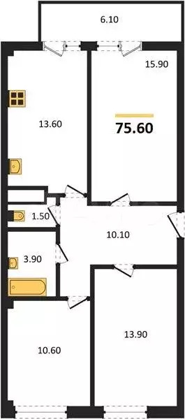 3-к. квартира, 75,6 м, 1/9 эт. - Фото 1