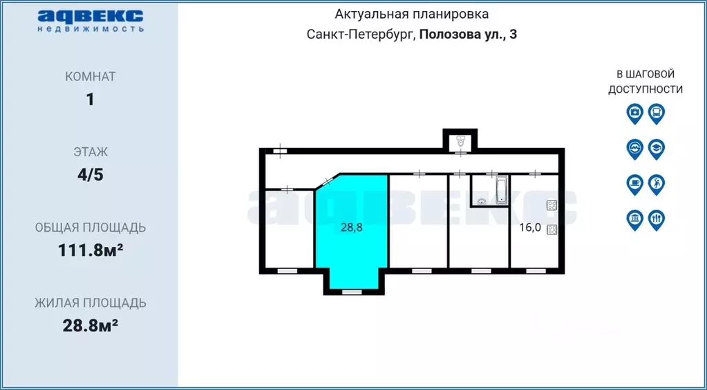 Комната Санкт-Петербург ул. Полозова, 3 (28.8 м) - Фото 1