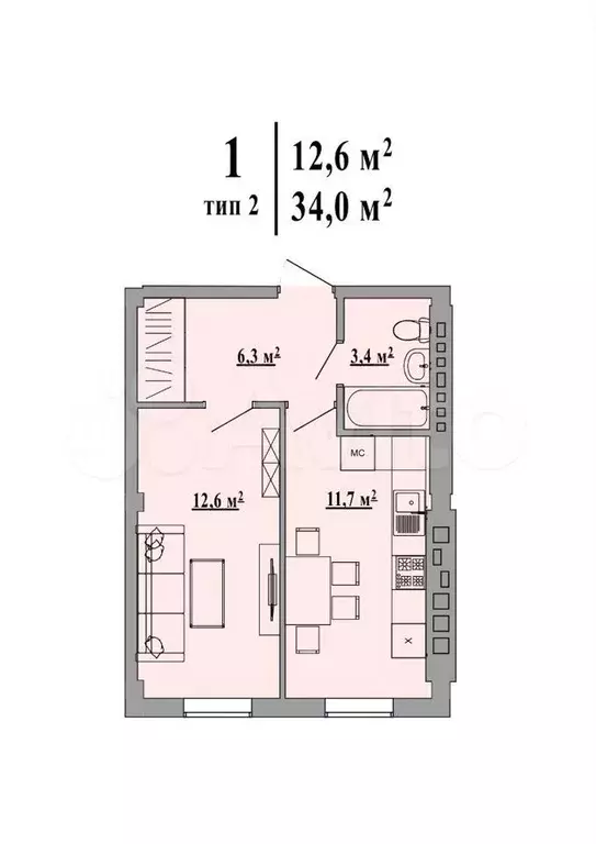 1-к. квартира, 34 м, 5/6 эт. - Фото 0