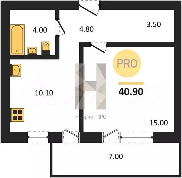 1-к. квартира, 40,9 м, 2/4 эт. - Фото 1