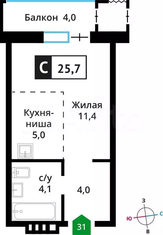 Квартира-студия, 25,7 м, 4/6 эт. - Фото 0