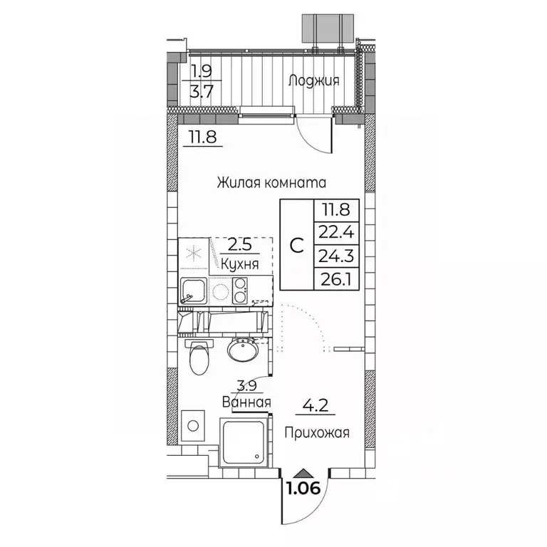 Студия Приморский край, Владивосток ул. Расула Гамзатова, 7к3 (26.2 м) - Фото 2