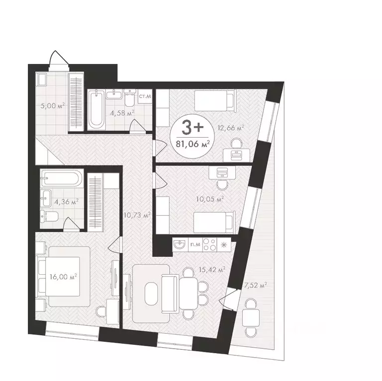 3-к кв. Башкортостан, Уфа Южный-2 мкр,  (81.06 м) - Фото 1