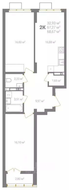 2-к кв. Нижегородская область, Нижний Новгород Ветеринарная ул. (68.67 ... - Фото 1