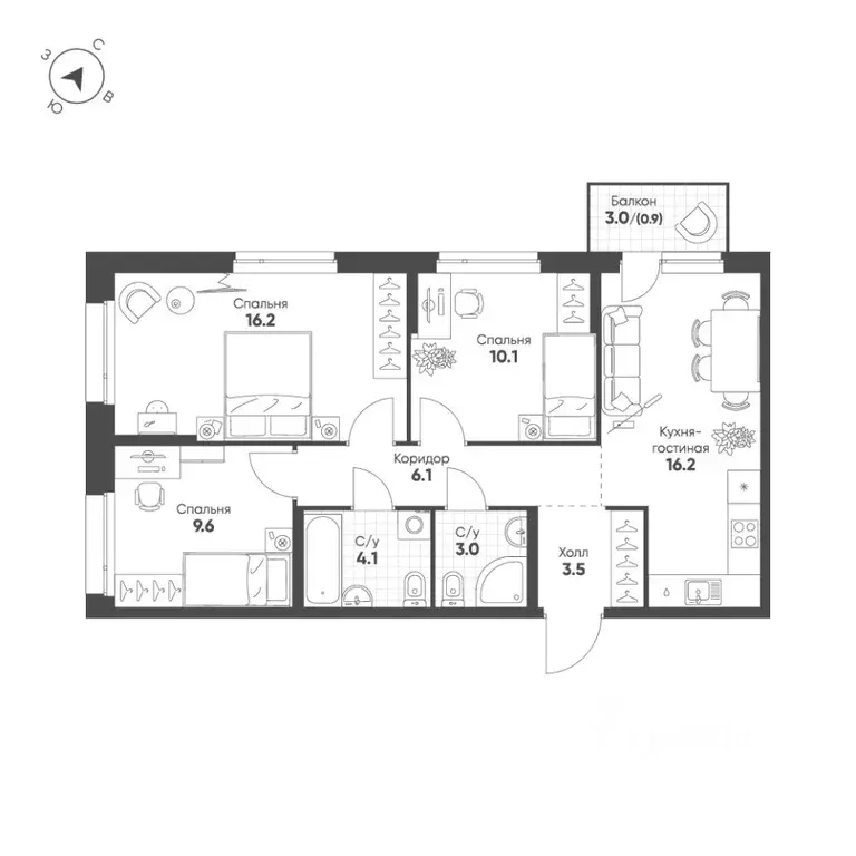 3-к кв. Свердловская область, Екатеринбург Солнечный жилрайон,  (69.7 ... - Фото 1
