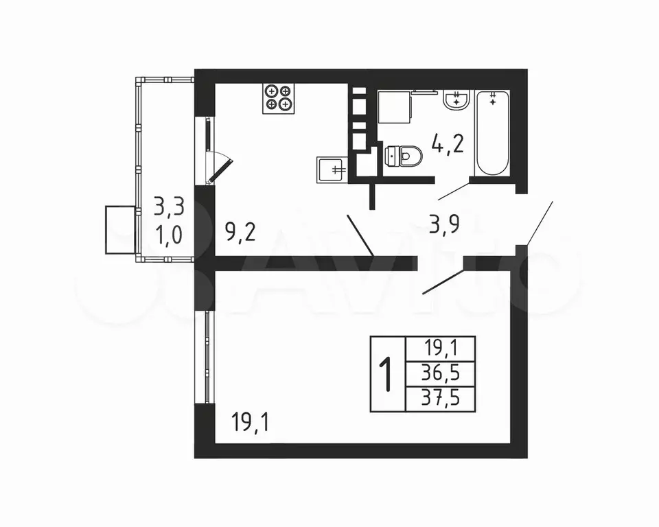1-к. квартира, 37,5 м, 4/9 эт. - Фото 0