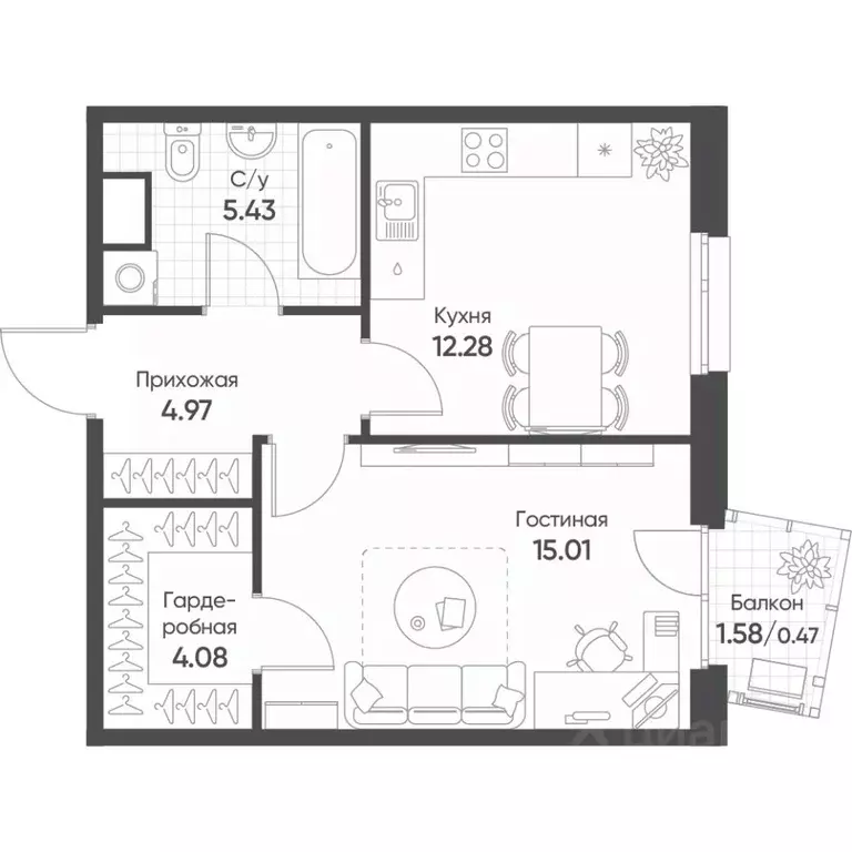 1-к кв. Татарстан, Казань Счастье в Казани жилой комплекс (42.2 м) - Фото 1