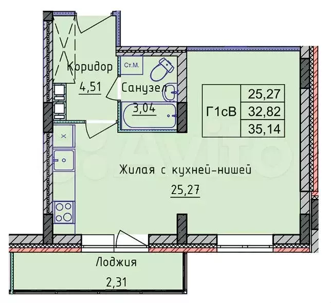 1-к. квартира, 35,1 м, 3/8 эт. - Фото 0