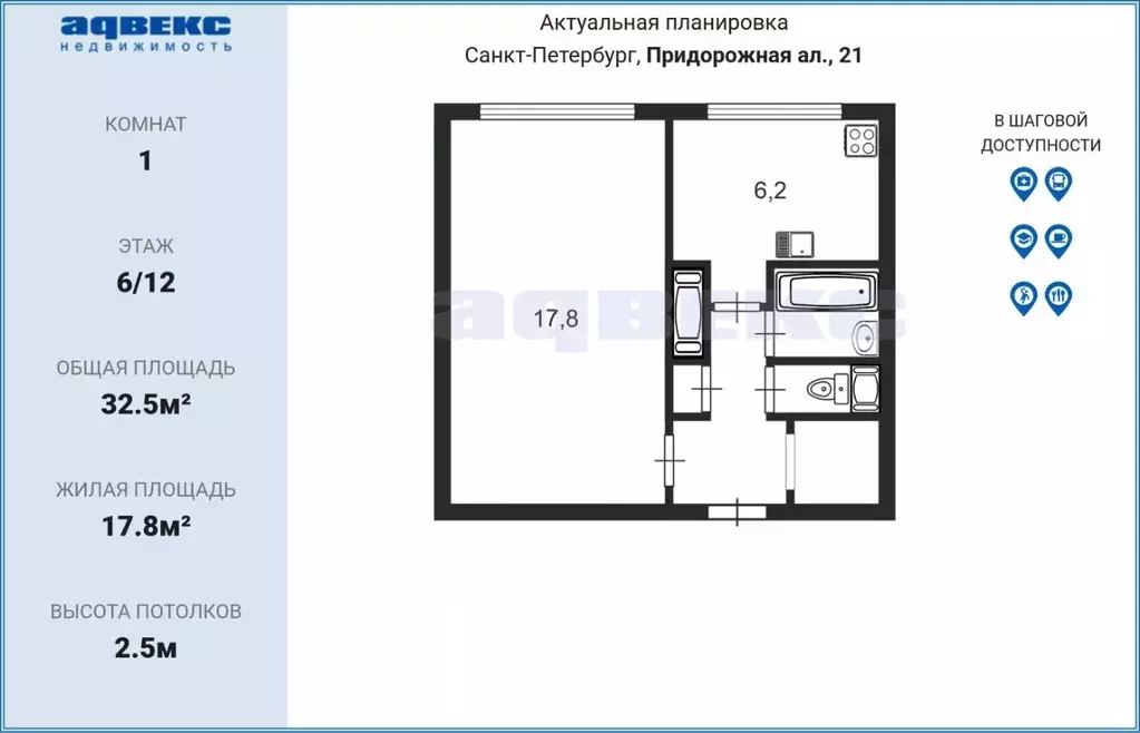 1-к кв. Санкт-Петербург Придорожная аллея, 21 (32.5 м) - Фото 1