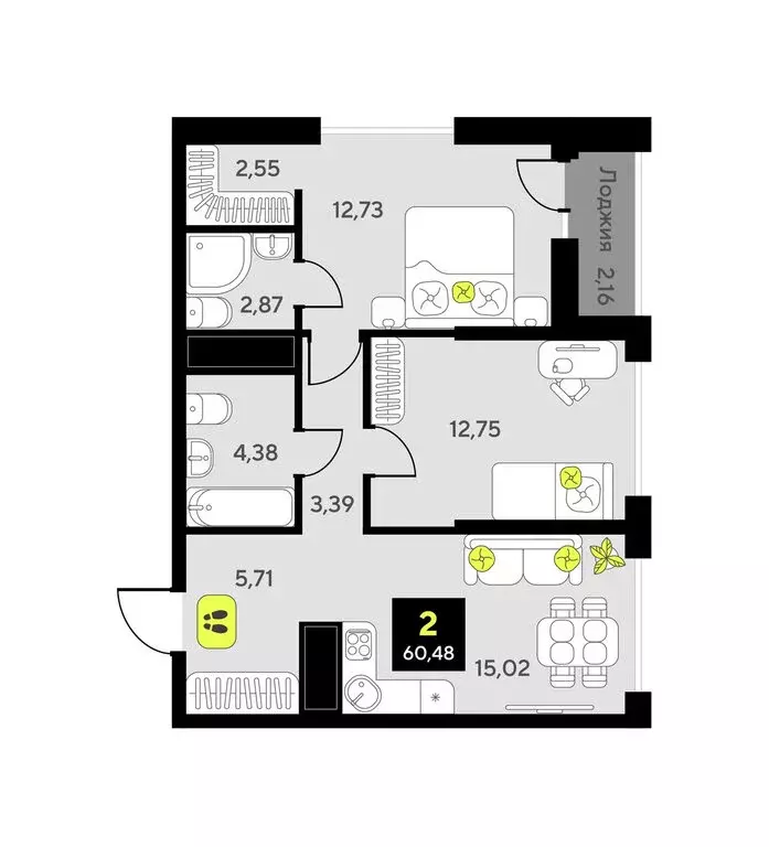 2-комнатная квартира: Тюмень, улица Андрея Приказнова, 1 (60.48 м) - Фото 0