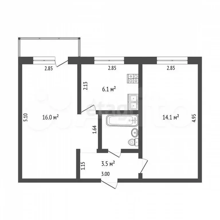 2-к. квартира, 44 м, 5/5 эт. - Фото 0