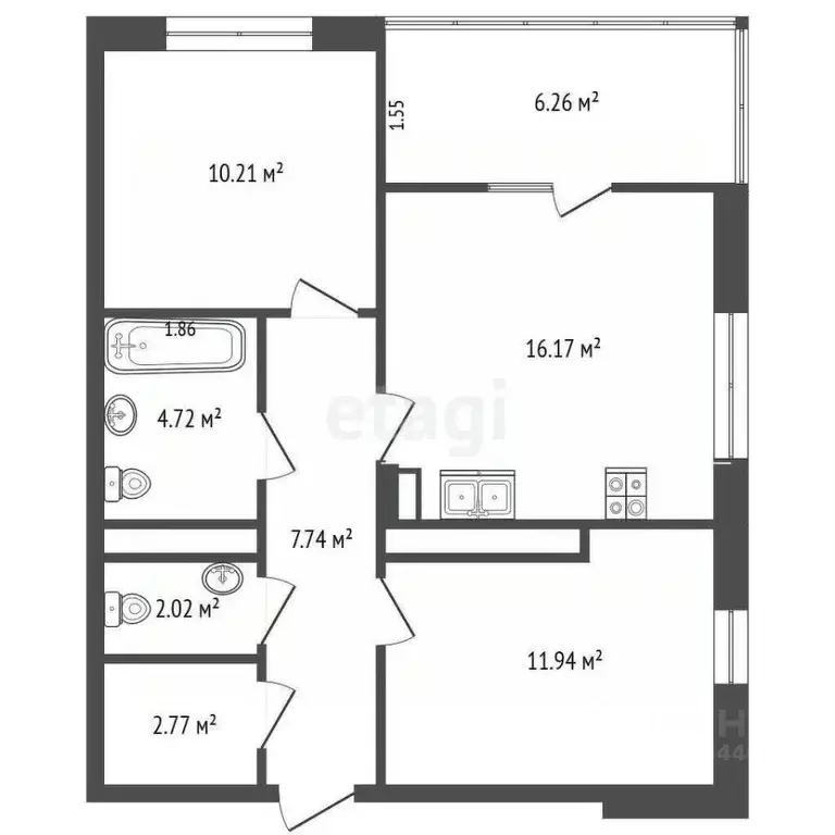 2-к кв. Тюменская область, Тюмень ул. Монтажников, 59 (55.6 м) - Фото 2
