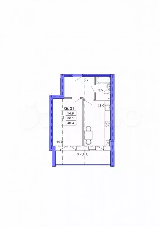 1-к. квартира, 46 м, 1/4 эт. - Фото 1