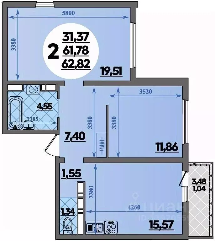 2-к кв. Адыгея, Майкоп  (62.82 м) - Фото 1