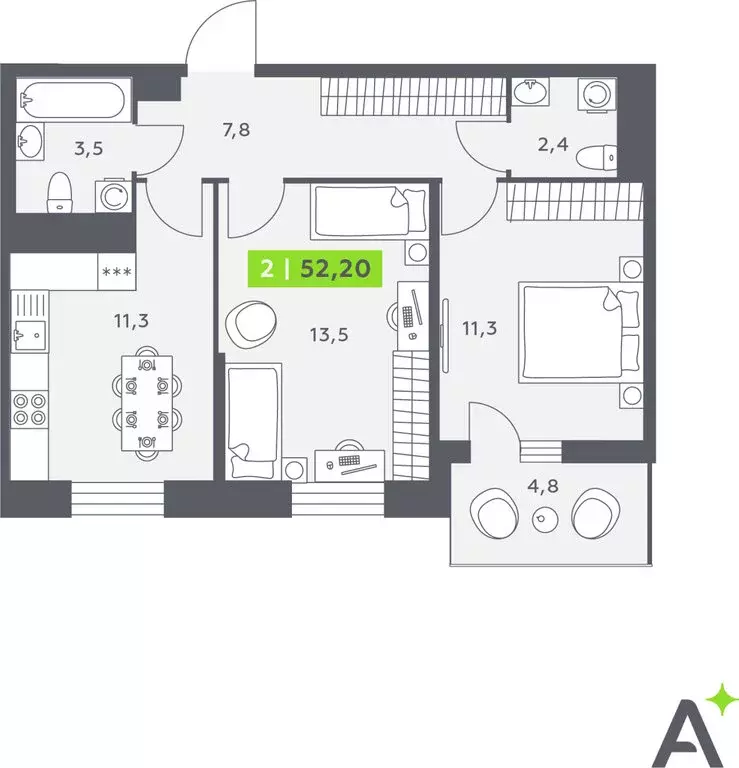 2-комнатная квартира: Кудрово, Солнечная улица, 10к1 (52.2 м) - Фото 1