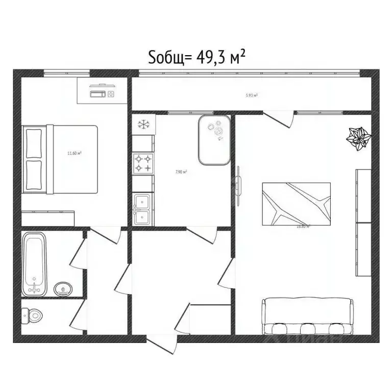 2-к кв. Брянская область, Брянск ул. Энгельса, 4 (49.3 м) - Фото 1
