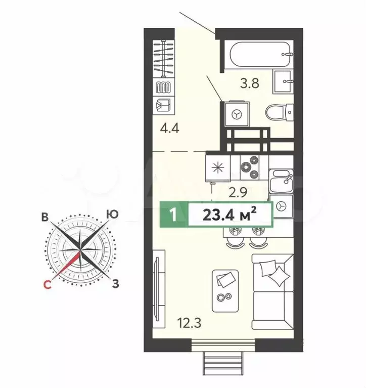 Квартира-студия, 23,4 м, 5/16 эт. - Фото 1