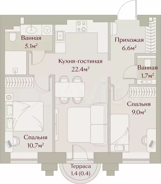 2-к. квартира, 55,9 м, 2/8 эт. - Фото 1