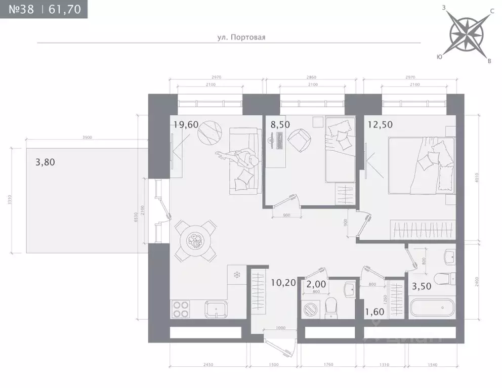 2-к кв. Татарстан, Казань 1712 жилой комплекс (61.7 м) - Фото 1