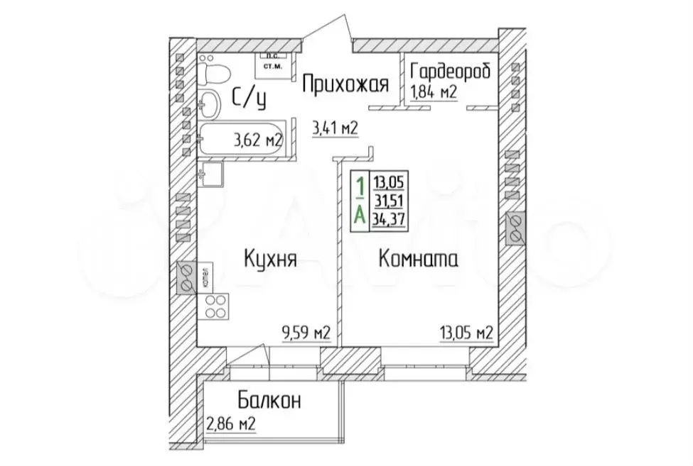 1-к. квартира, 34,4 м, 3/4 эт. - Фото 0