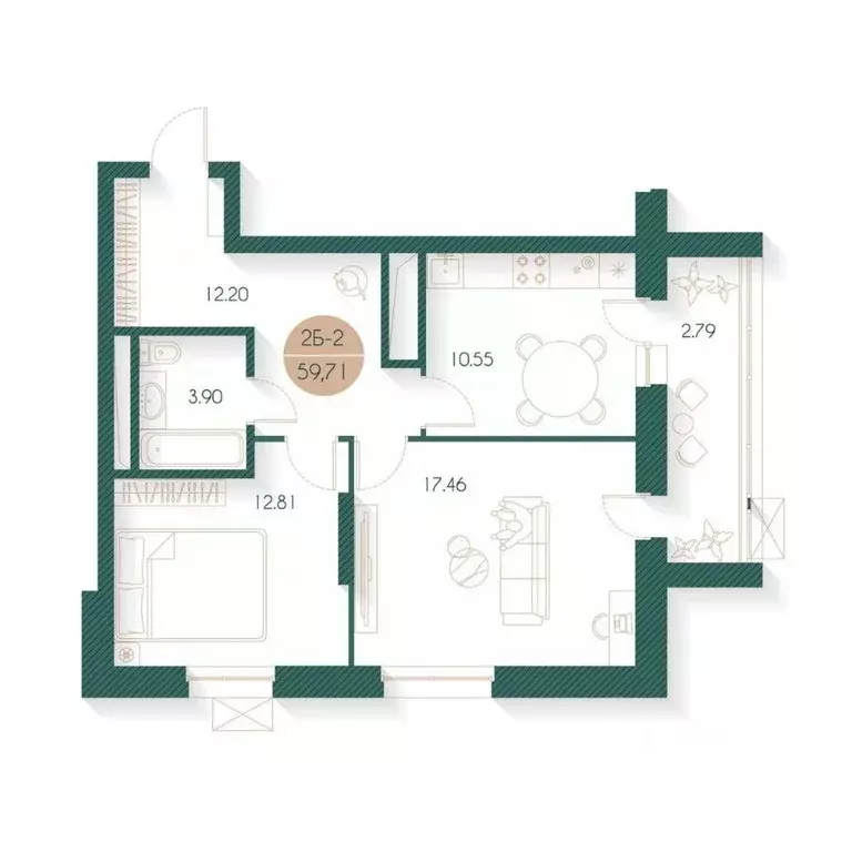 2-к кв. Татарстан, Казань Родины мкр, Наследие жилой комплекс (59.71 ... - Фото 1