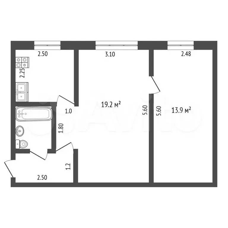 2-к. квартира, 44,9 м, 1/5 эт. - Фото 0