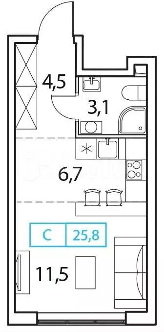 Квартира-студия, 25,8 м, 8/18 эт. - Фото 1