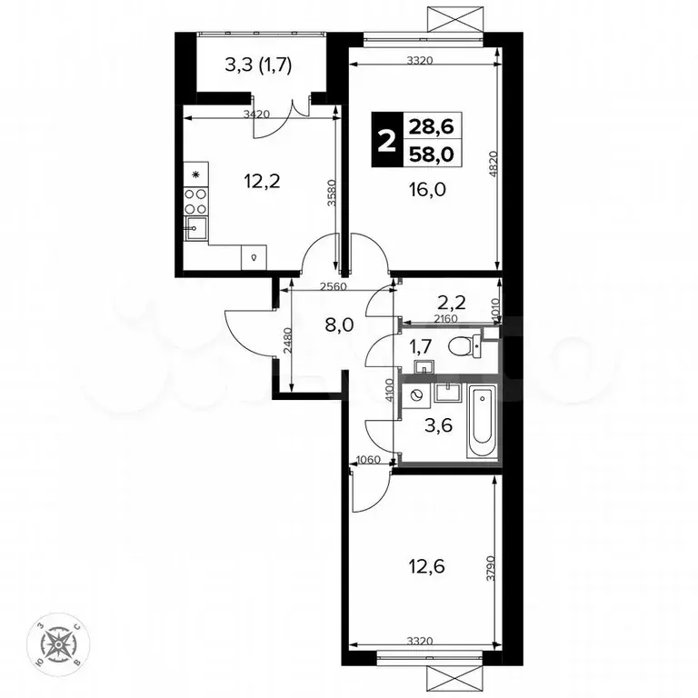 2-к. квартира, 58 м, 4/15 эт. - Фото 0