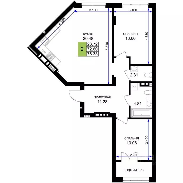 2-к кв. Калининградская область, Гурьевск Включи жилой комплекс (76.33 ... - Фото 1