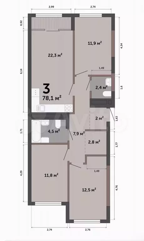 3-к. квартира, 78,1 м, 3/23 эт. - Фото 0