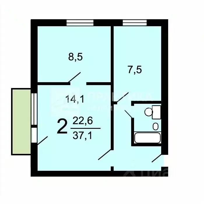 2-к кв. Москва ул. Гарибальди, 8К4 (37.0 м) - Фото 1