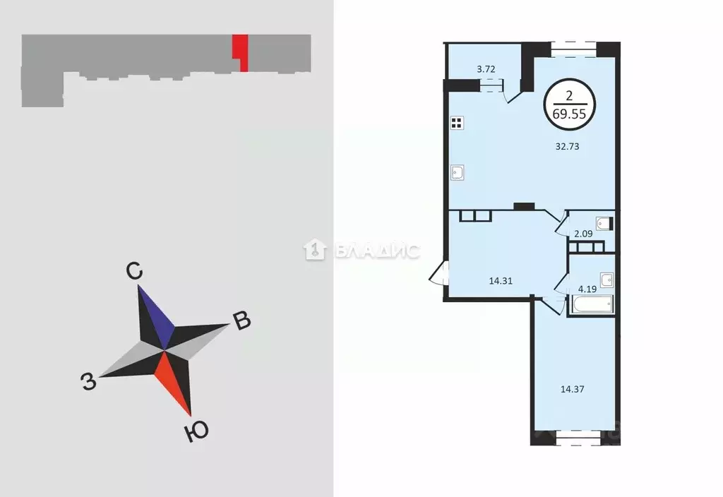 2-к кв. Владимирская область, Владимир просп. Строителей, 9В (69.0 м) - Фото 2