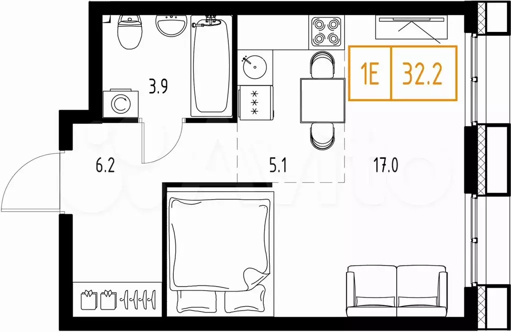 1-к. квартира, 32,2 м, 8/9 эт. - Фото 0