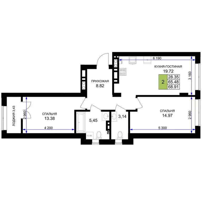 2-к кв. Калининградская область, Гурьевск Включи жилой комплекс (68.91 ... - Фото 1