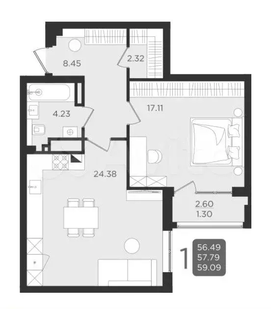 1-к. квартира, 59,1 м, 1/9 эт. - Фото 1