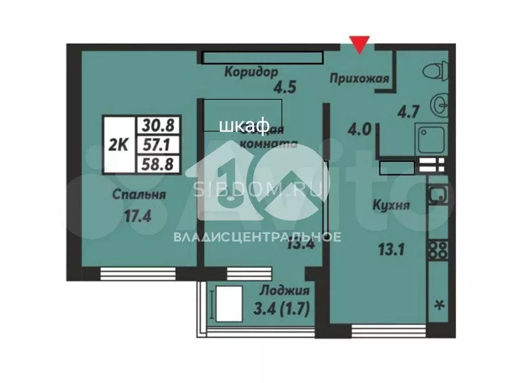 2-к. квартира, 58 м, 7/17 эт. - Фото 0