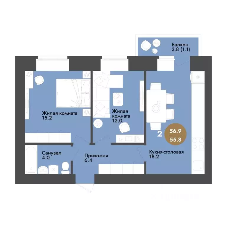 2-к кв. Вологодская область, Вологда ул. Преображенского (56.9 м) - Фото 1