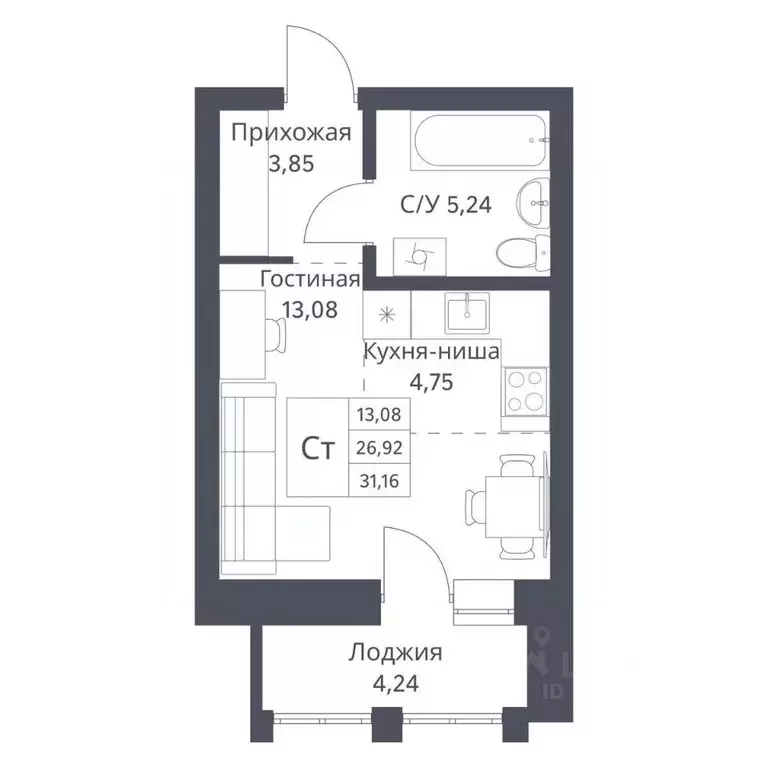 Студия Новосибирская область, Новосибирск Игарская ул., 40/1 (26.92 м) - Фото 0