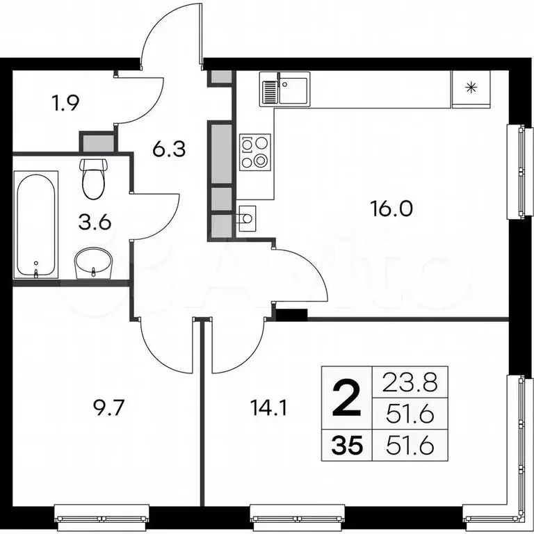 2-к. квартира, 51,6 м, 4/4 эт. - Фото 0