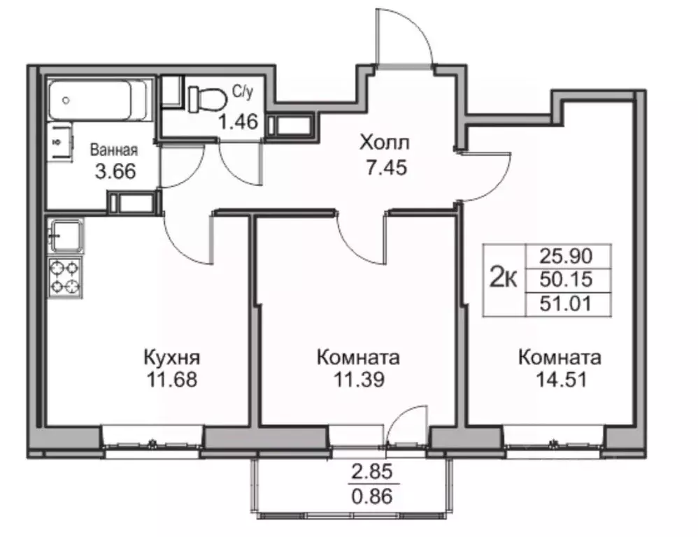 2-к кв. Санкт-Петербург ул. Ивинская, 7 (50.0 м) - Фото 1