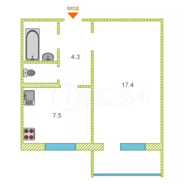 1-к кв. Курганская область, Курган ул. Яблочкина, 6 (33.1 м) - Фото 1