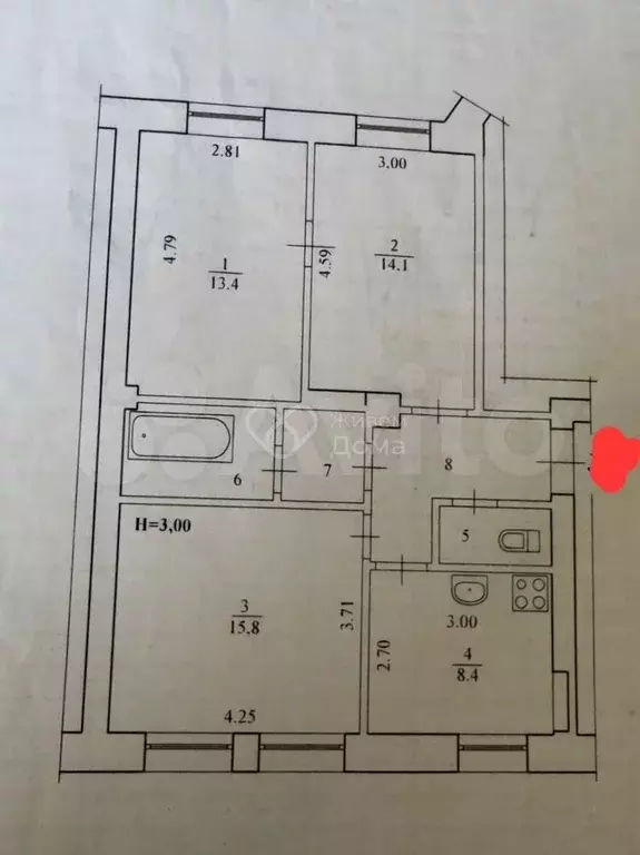 3-к. квартира, 64,9 м, 2/2 эт. - Фото 0