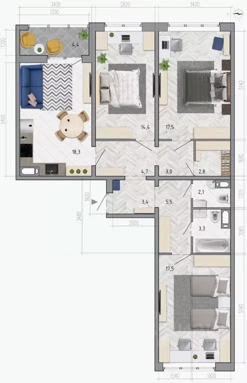 3-к кв. Воронежская область, Воронеж ул. Федора Тютчева, 105 (94.7 м) - Фото 1