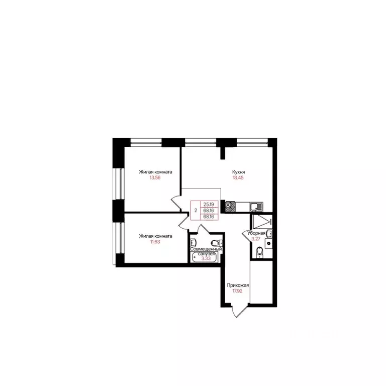 2-к кв. Татарстан, Казань Лето жилой комплекс (68.16 м) - Фото 2